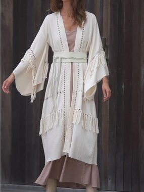 Aya Sacred Wear Long Cream Fringe Kimono Duster Cardigan